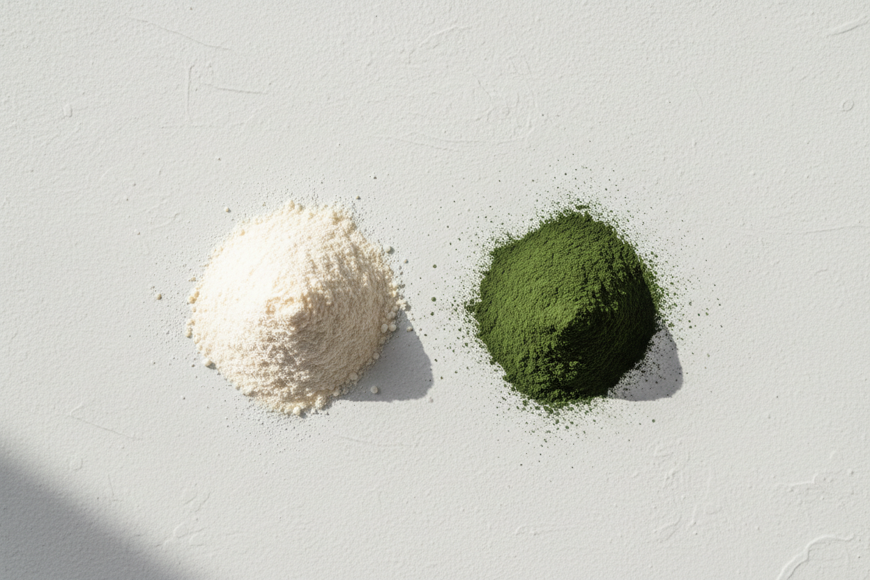 should appear as a simple understated above shot looking down on some collagen and some kind of green powder extract. No graphics or any kind of fake stuff. 
